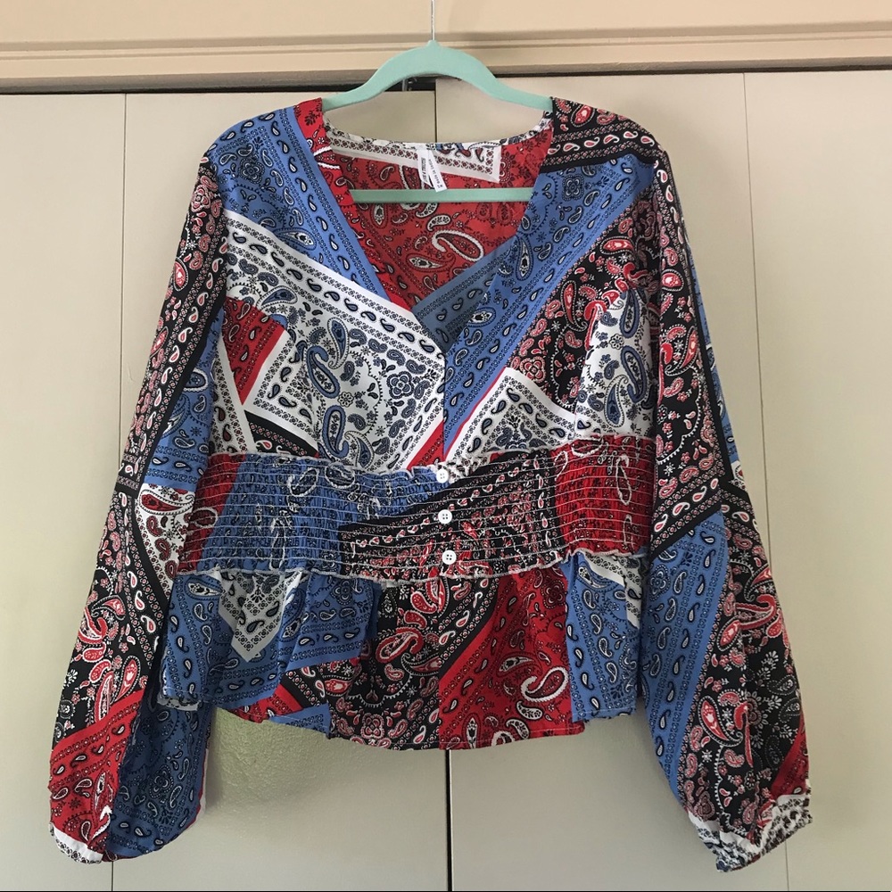 Paisley Patchwork Boho Peasant Cropped Blouse Plu… - image 8